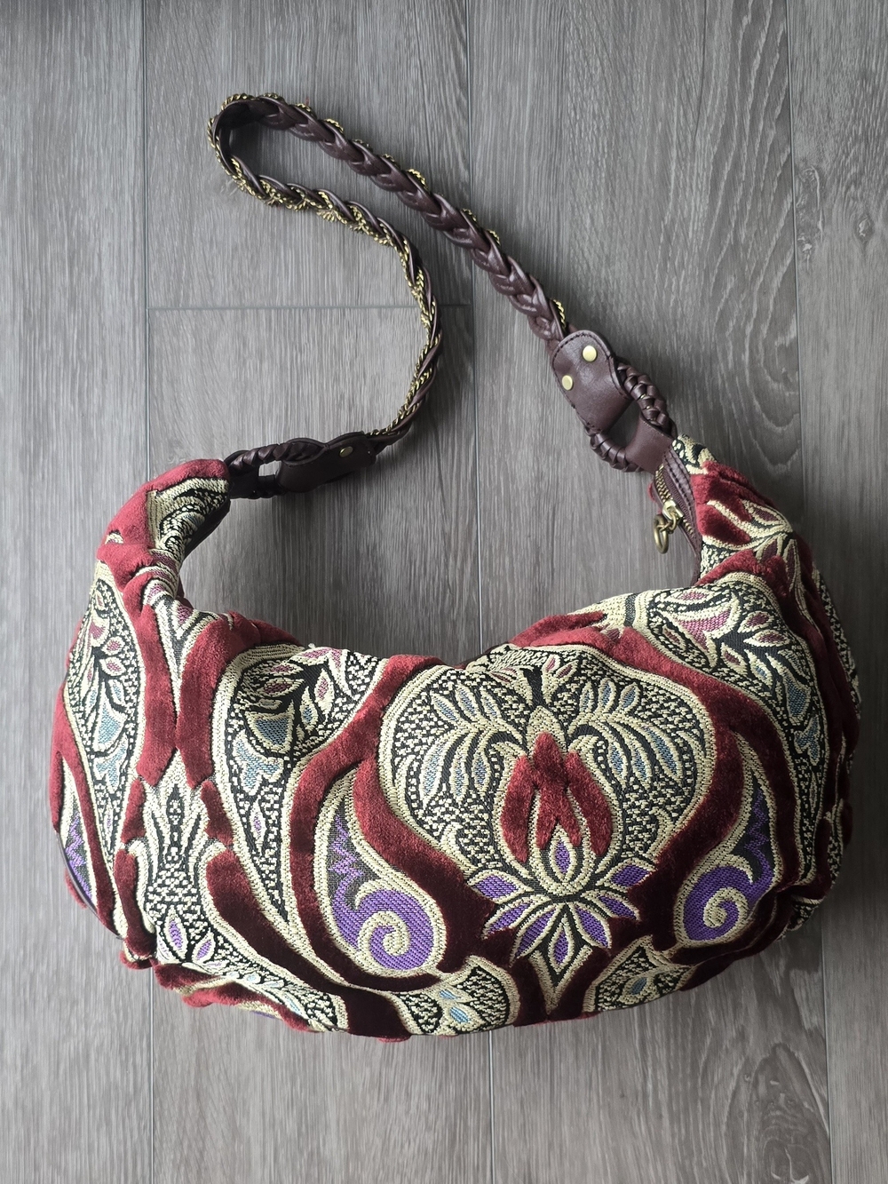 Maxximum Tapestry Velvet Slouchy Hobo Bag Burgundy Paisley Braided Leather Chain